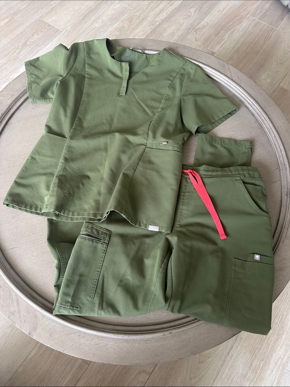 Figs Olive Green Scrub Set with Pink Drawstring